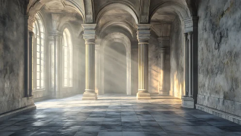 Sunlit abandoned stone hall with arched windows and columns.