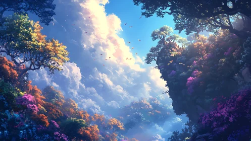 Luminous Forest Canyon: Vibrant Sky Vista Through Towering Blooms.