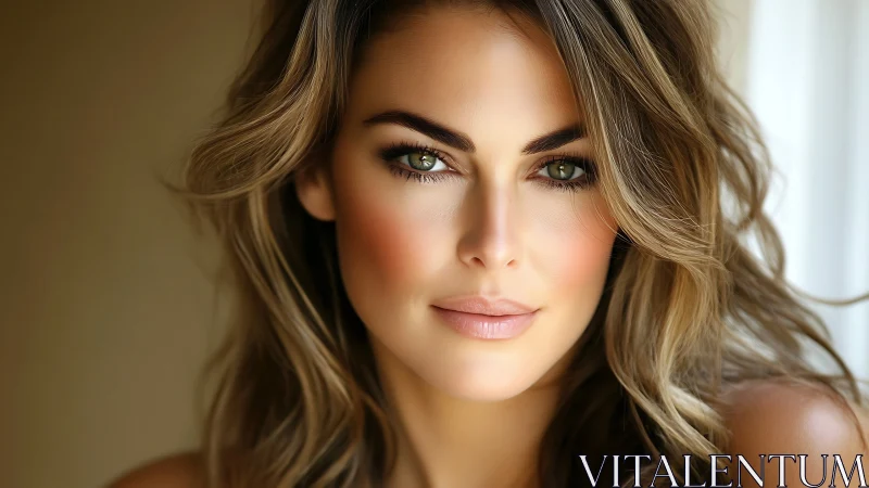 Natural light portrait of woman with wavy hair and soft makeup.