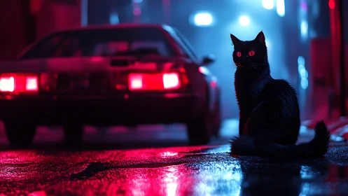 Neon-eyed black cat waits on rain-slick cyberpunk street.