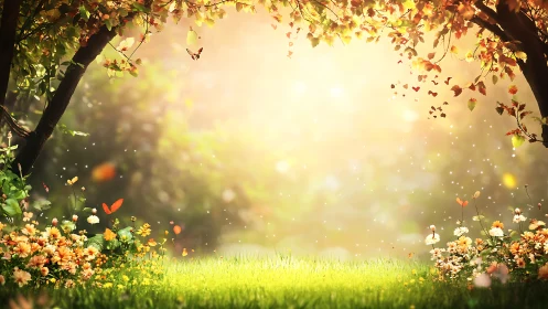 Enchanted Autumn Garden Glowing in Golden Sunlight