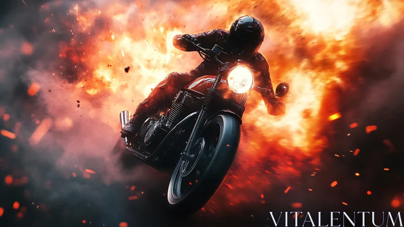 Motorcycle rider exits high-energy fireball with motion-blur dynamics