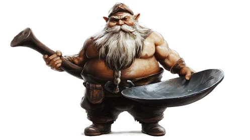 Stout dwarf warrior holds horn and shield, detailed render.