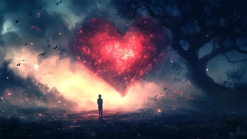 Silhouetted Figure Before Luminous Heart Phenomenon.