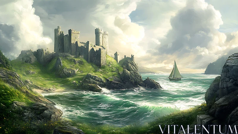 Medieval Coastal Fortress on Cliff Prominence with Compositional Atmospheric Depth