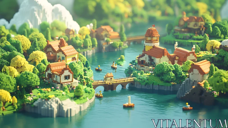 Isometric voxel-rendered European village with water channels and architectural complexity