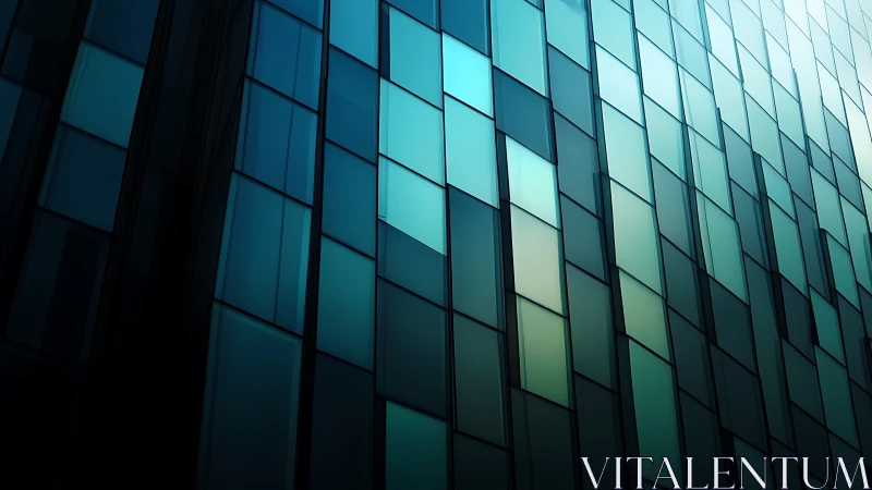 Glass facade patterns glow in sleek teal gradients.