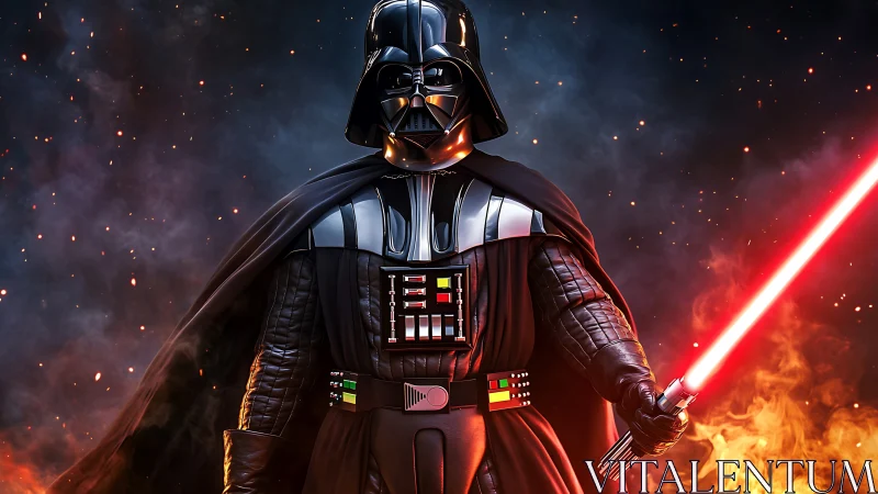 Armored dark figure with red energy sword in flames.