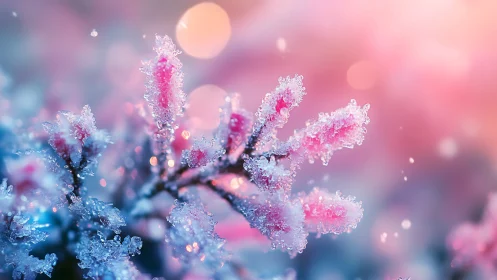Frost coated pink buds fill frame against softly blurred bokeh