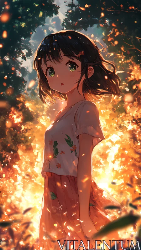 Gentle girl glows in a golden woodland of drifting light