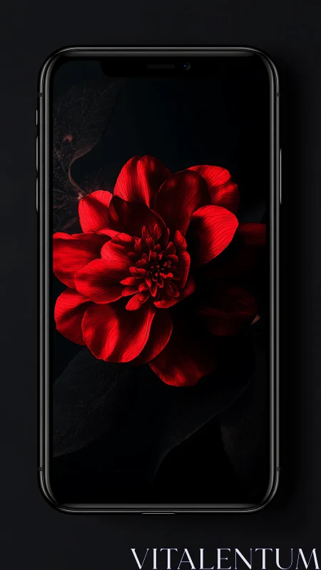 Smartphone Display of Crimson Dahlia Against Obsidian Background.