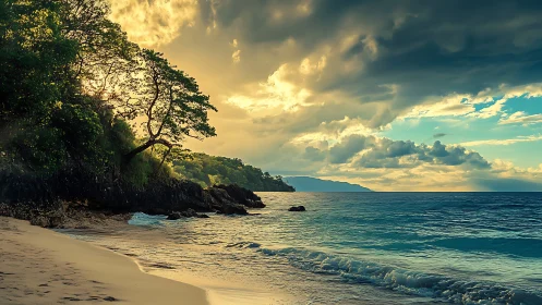 Tropical Beach with Limestone Cliffs at Golden Hour.
