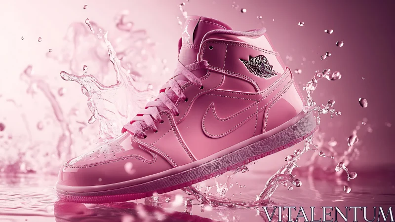 Glossy pink sneaker splashing through luminous water field.