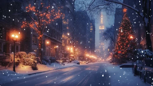Snowy city street glowing with cozy holiday lights at dusk.