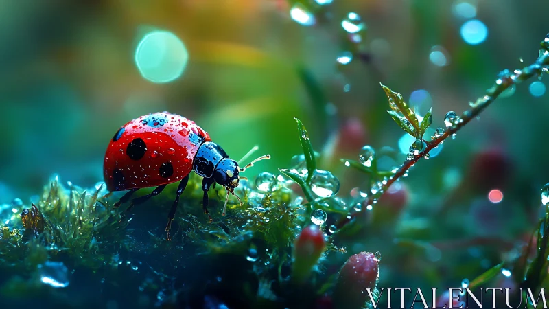 Macro study of dew-covered ladybug on mossy micro-landscape