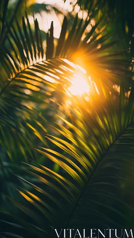 Backlit palm fronds with golden tropical sunset glow.