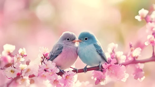 Two Gentle Birds Share a Tender Moment Among Cherry Blossoms.
