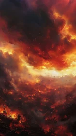 Apocalyptic inferno engulfing civilization beneath burning sky
