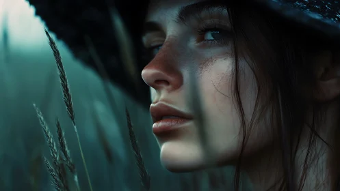 Quiet gaze beneath the wide hat in silver dusk fields.