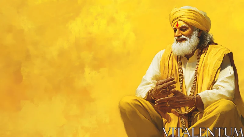 Digital painting of serene elder guru on saffron ground.