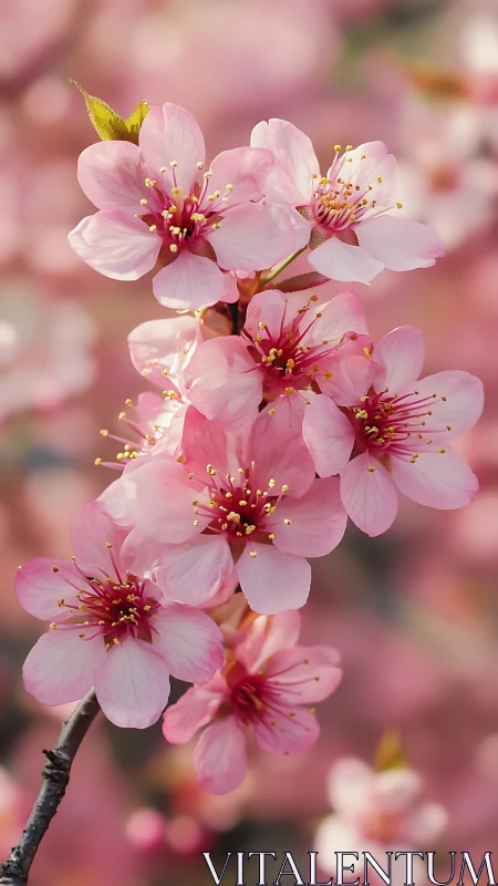Prunus flowering branch with clustered pink blossoms.