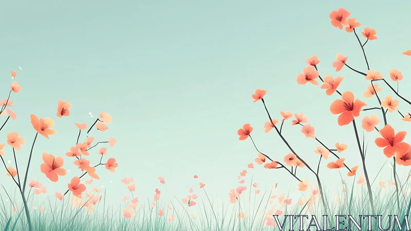 Minimalist vector meadow with stylized windblown blossoms.