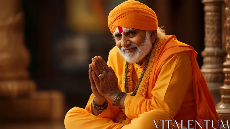 Gentle elder in saffron robes sharing a peaceful blessing.