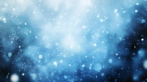 Defocused blue bokeh snowfall particles in soft atmospheric haze