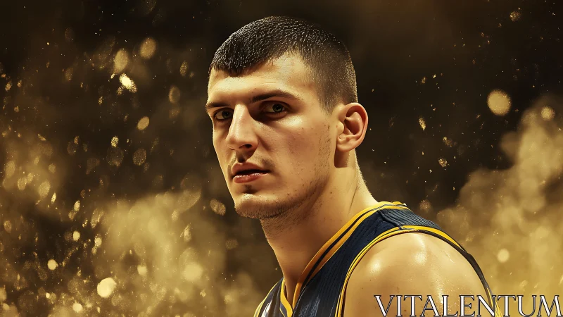 Male basketball player portrait against golden bokeh field.