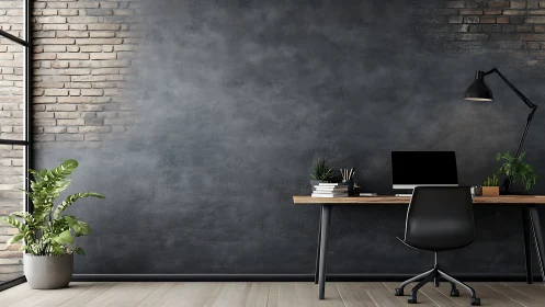 Modern workspace with dark wall, wooden desk and laptop.