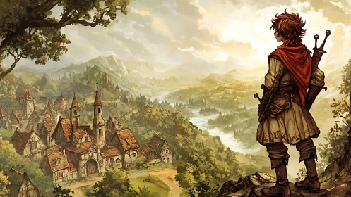 Young adventurer overlooking sunlit medieval river valley.