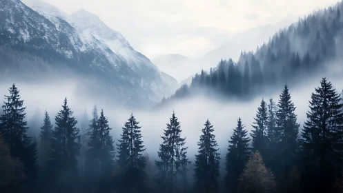 Misty Mountain Valley: Alpine Forest Landscape in Fog.