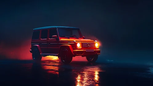 Neon-lit red SUV prowls through moody midnight rainfall.
