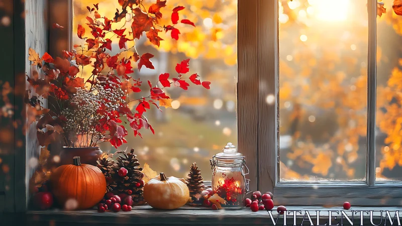 Golden autumn window sill glowing with cozy harvest light.