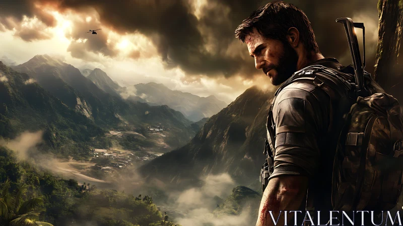 Tactical recon operative over storm-lit jungle valley vista.