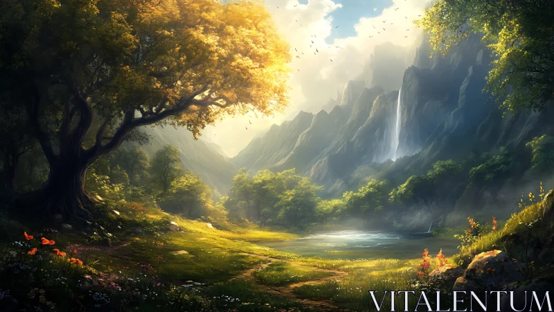 Sunlit forest valley with towering cliffs and waterfall.