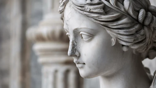 Classical marble statue portrait with weathered serene face.