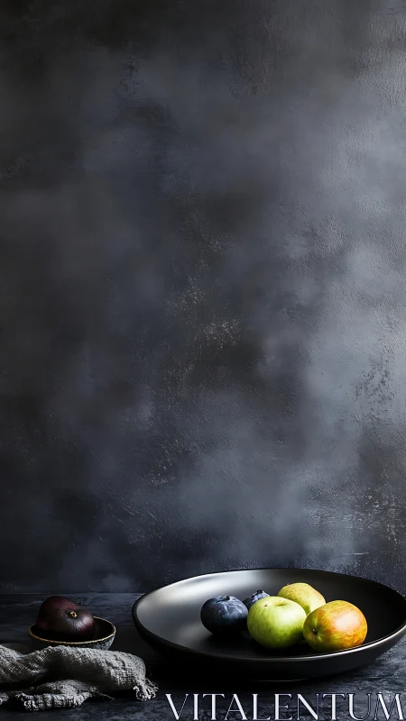 Still life arrangement shows fruit on plates against dark wall