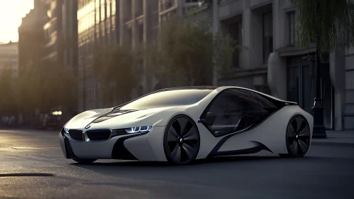 Futuristic electric concept coupe in soft urban sunset lighting