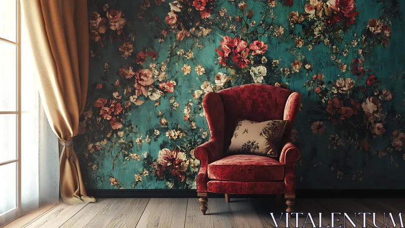 Red armchair stands before teal floral mural in soft light