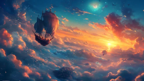 Skyborne galleon chasing twin suns across painted clouds.