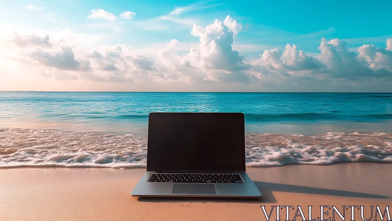 Laptop on tropical shoreline symbolizing remote work freedom.