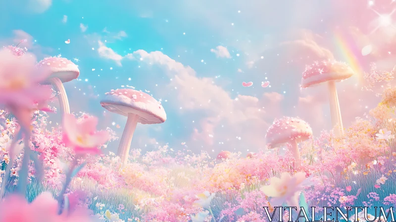 Pastel fantasy meadow shows giant mushrooms under rainbow sky