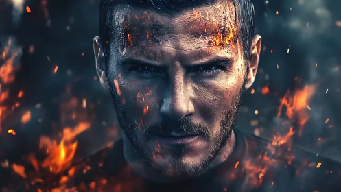 Fire-forged warrior stares down chaos in blazing portrait.