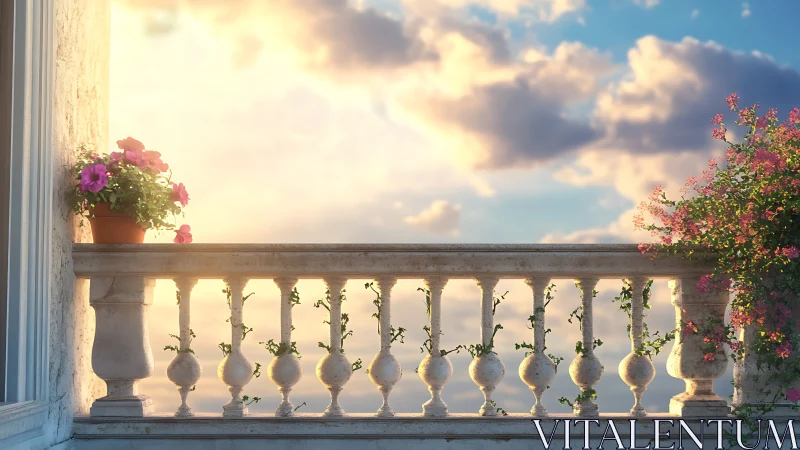 Sunlit balcony with blooming flowers at tranquil sunset.