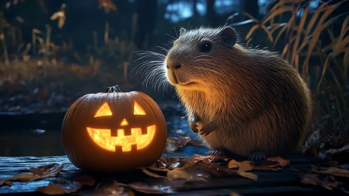 Guinea pig beside illuminated jack-o&rsquo;-lantern at night.