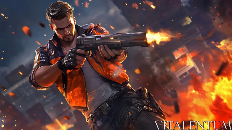 Urban gunfighter striking through blazing city ruins.