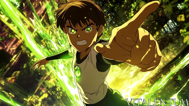 Animated boy extends arm amid green energy in forest scene