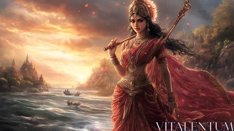 Warrior goddess on riverside cliff under burning sunset sky