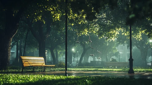 Empty park benches and hanging shoes in rainy green alley.